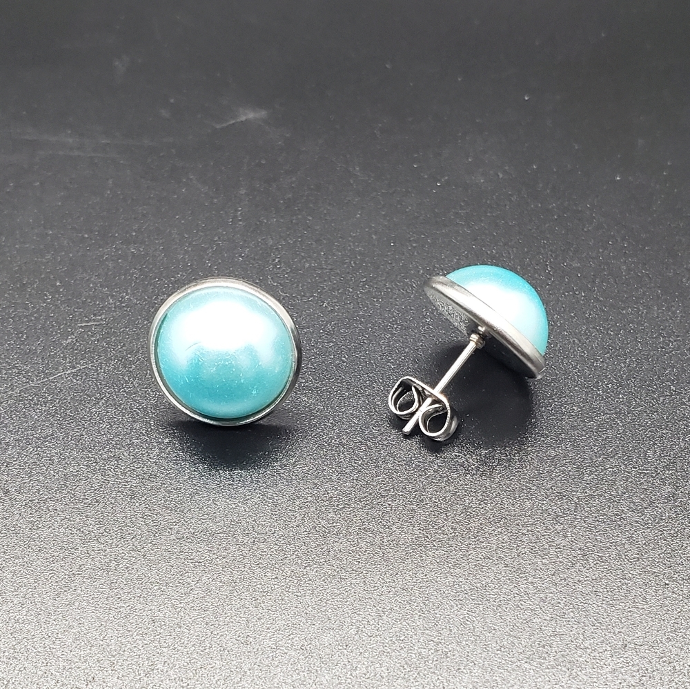 Blue Faux Pearl Silver Stud Earrings - Picture 2 of 4